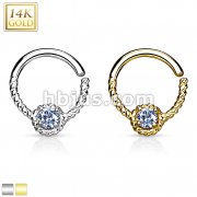 Round CZ Centered Rope Chain 14Kt. Gold Septum Ring with Bendable Round Bar
