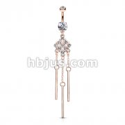 Hash Square with Paved Gems and Dangle Bars Rose Gold Plated Navel Ring