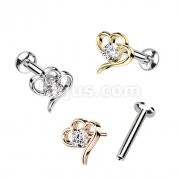 Hollow Heart With CZ Center Threadless Push In Top 316L Surgical Steel Labret, Convex Back Stud