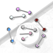 Implant Grade Titanium Threadless Push in Nipple Barbell With Forward Facing Bezel Set CZ or Opal and Beaded Ball Edge Ends