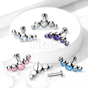 Implant Grade Titanium Threadless Push in Labret, Flat Back Studs with 5-CZ Bezel Set Curve Top for Cartilage, Lip,Monroe, and More