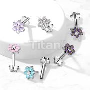 Implant Grade Titanium Threadless Push in Flower Base Labret, Flat Back Studs with CZ Flower Top for Cartilage, Monroe and More