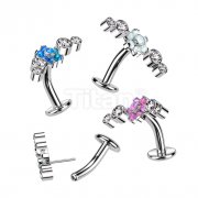 Implant Grade Titanium Threadless Floating Convex Base Belly Button Ring With Opal Flower Center and Double Bezel Set CZs