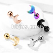 Flat Crescent Moon Top 316L Surgical Steel Cartilage, Tragus Barbell Studs