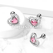 316L Surgical Steel Cartilage Barbell Studs with Heart Shaped Micro CZ and Pink Center CZ