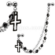 Cross with Gemmed Cartilage/Tragus Barbell Double Beaded Chain Linked Dangle 316L Surgical Steel 