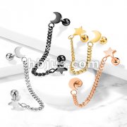 Star and Chain Linked Crescent Moon Cartilage Barbells 316L Surgical Steel