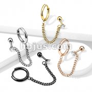 Round Clicker Hoop Earring and Chain Linked Cartilage Barbell with Prong Set CZ Top 316L Surgical Steel