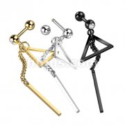 Bar on Chain and Triangle Dangle Crystal Set 316L Cartilage, Tragus Barbell Stud