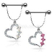 Hollow Pave Gemmed Heart and Flowers 316L Surgical Steel Nipple Ring  