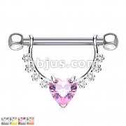 Heart CZ Center with Lined Prong Set CZs Dangle 316L Surgical Steel Nipple Rings