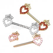 CZ Paved Hollow Heart and Crown 316L Surgical Steel Nipple Barbell Ring