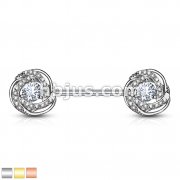 CZ Paved with Round CZ Center Rose Blossom Ends 316L Surgical Steel Barbell Nipple Rings