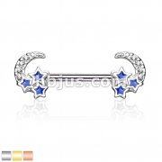 CZ Paved Crescent Moon with 3 Blue Stars 316L Surgical Steel Nipple Barbell Rings