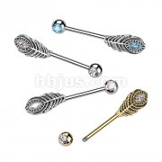 316L Surgical Steel Nipple Barbell With Feather and Bezel Set Gem