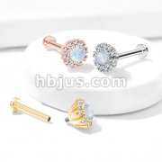 CZ Paved Round Flower with Opalite Center Internally Threaded 316L Surgical Steel Flat Back Studs for Labret, Monroe, Ear Cartialge and More
