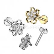 Hollow Flower With CZ Center Top 316L Surgical Steel Internally Threaded Labret, Flat Back Stud