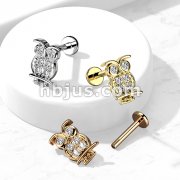CZ Paved Owl Top on Internally Threaded 316L Surgical Steel Flat Back Stud for Labret, Monroe, Cartilage and More