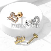 CZ Paved Heart Top on Internally Threaded 316L Surgical Steel Flat Back Stud for Labret, Monroe, Cartilage and More