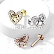 CZ Paved Heart With Ribbon Center Top on Internally Threaded 316L Surgical Steel Flat Back Stud for Labret, Monroe, Cartilage and More
