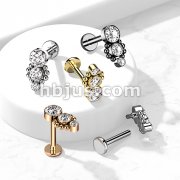 Triple CZ Round Dropdown with Ball Cluster Internally Threaded 316L Surgical Steel Flat Back Studs for Labret, Monroe, Cartilage and More