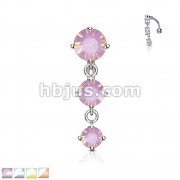 Three Prong Set Round Opalite Crystals Vertical Drop 316L Surgical Steel Top Drop Belly Button Navel Rings