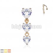 Three Prong Set Heart CZ Vertical Drop 316L Surgical Steel Top Drop Belly Button Navel Rings
