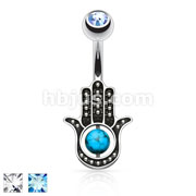 Hamsa Hand with Stone Palm 316L Surgical Steel Navel Ring