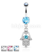 Hamsa with Colored CZ and Gem Paved Dangle Navel Ring