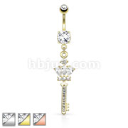 Crown CZ Key with Paved Gem Shaft Dangle Navel Ring