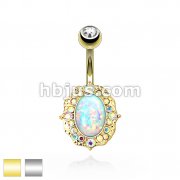 Center Opal Gem and AB Stone Gems Around 316L Surgical Steel Navel RIng