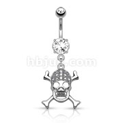 CZ Paved Skull with Cross Bones Dangle 316L Surgical Steel elly Button Navel Rings