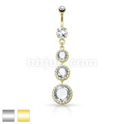 Triple CZ Paved around Large CZ Drops 316L Surgical Steel Belly Button Rings