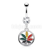 Multi Color Crystals Paved Pot Leaf In Circle Dangle 316L Surgical Steel Belly Button Navel Rings