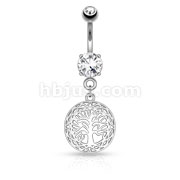 Filigree Edged Round Tree of Life Dangle on Round CZ Prong set 316L Surgical Steel Belly Button Rings