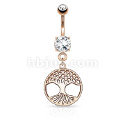 Round Tree of Life Dangle on Round CZ Prong set 316L Surgical Steel Belly Button Rings