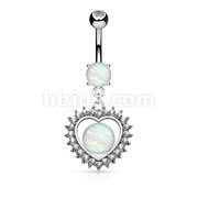 Opal Glitter Set Crystal Paved  Heart Dangle Surgical Steel Belly Button Navel Rings