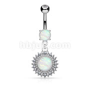 Opal Glitter Set Crystal Paved Round Shield Dangle Surgical Steel Belly Button Navel Rings