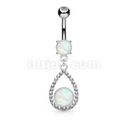 Opal Glitter Center Crystal Paved Tear Drop Dangle Surgical Steel Belly Button Navel Rings