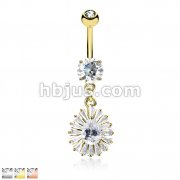 Pear CZ Center and Princess Cut CZ Around  Dangle CZ Prong Set 316L Surgical Steel Belly Rings