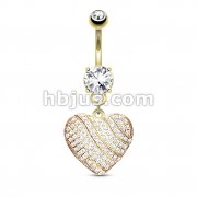 Micro CZ Paved Heart Dangle Round CZ Prong Set 316L Surgical Steel Belly Rings