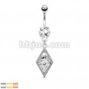 316L Surgical Steel Double Tier Belly Ring With Large Diamond CZ Center and Pave CZ Edge Dangle