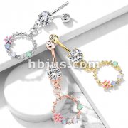 Double Jeweled Prong Set with Enamel Flowers and Opalite Ston Set Circular Dangle 316L Surgical Steel Belly Button Navel Rings
