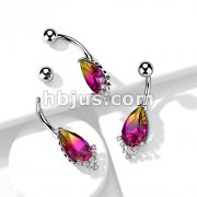 Rainbow Effect Pear Crystal with CZ Prong Set 316L Surgical Steel Belly Button Navel Ring