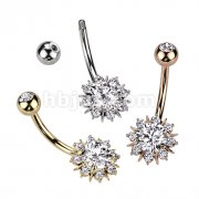 316L Surgical Steel Belly Ring With Round CZ Center Sunburst 