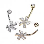 316L Surgical Steel CZ Flower With CZ Pave Center Belly Button Ring