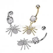 316L Surgical Steel Double Jeweled CZ With CZ Pave Spider Dangle Belly Button Ring
