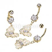 316L Surgical Steel Double CZ Checkered Butterfly Dangle With Prong Set Baguette CZ Belly Button Ring