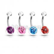 316L Surgical Steel Navel Ring with Metal Rose Embedded in Clear Acrylic Ball 80pc Pack (30pcs x 4 colors) 
