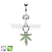 Heart and Gem Pave Pot Leaf Dangle with 316L Surgical Steel Navel